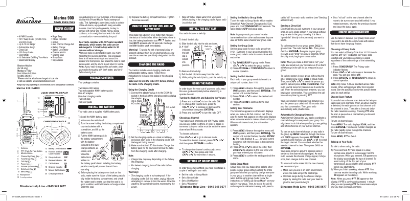 Page 1 de la notice Manuel utilisateur Binatone Marina 900