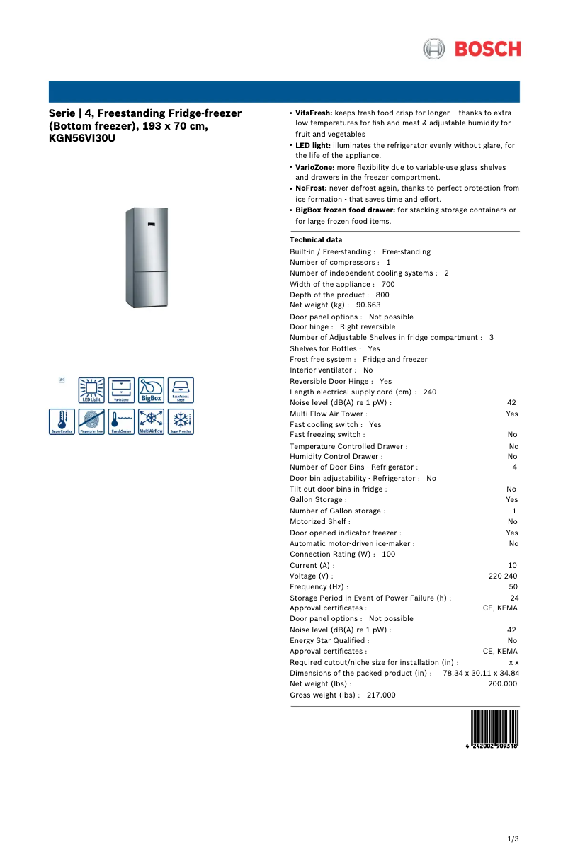Page n°1 - Fiche technique Bosch KGN56VI30U