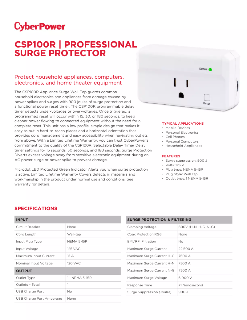 Page 1 de la notice Fiche technique CyberPower Professional CSP100R