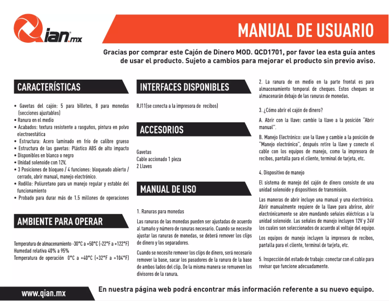 Page 1 de la notice Manuel utilisateur Qian QCD1701