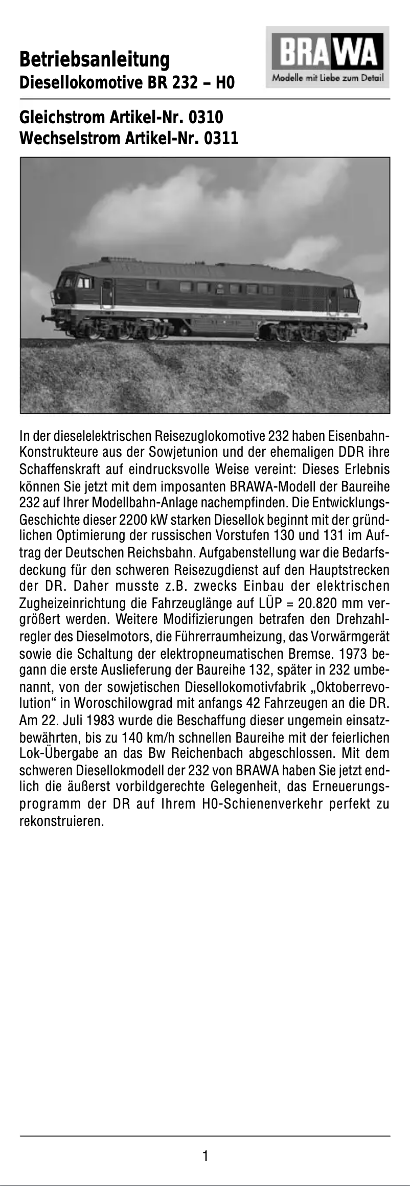 Page n°1 - Manuel utilisateur Brawa 0311 BR 232 (HO)
