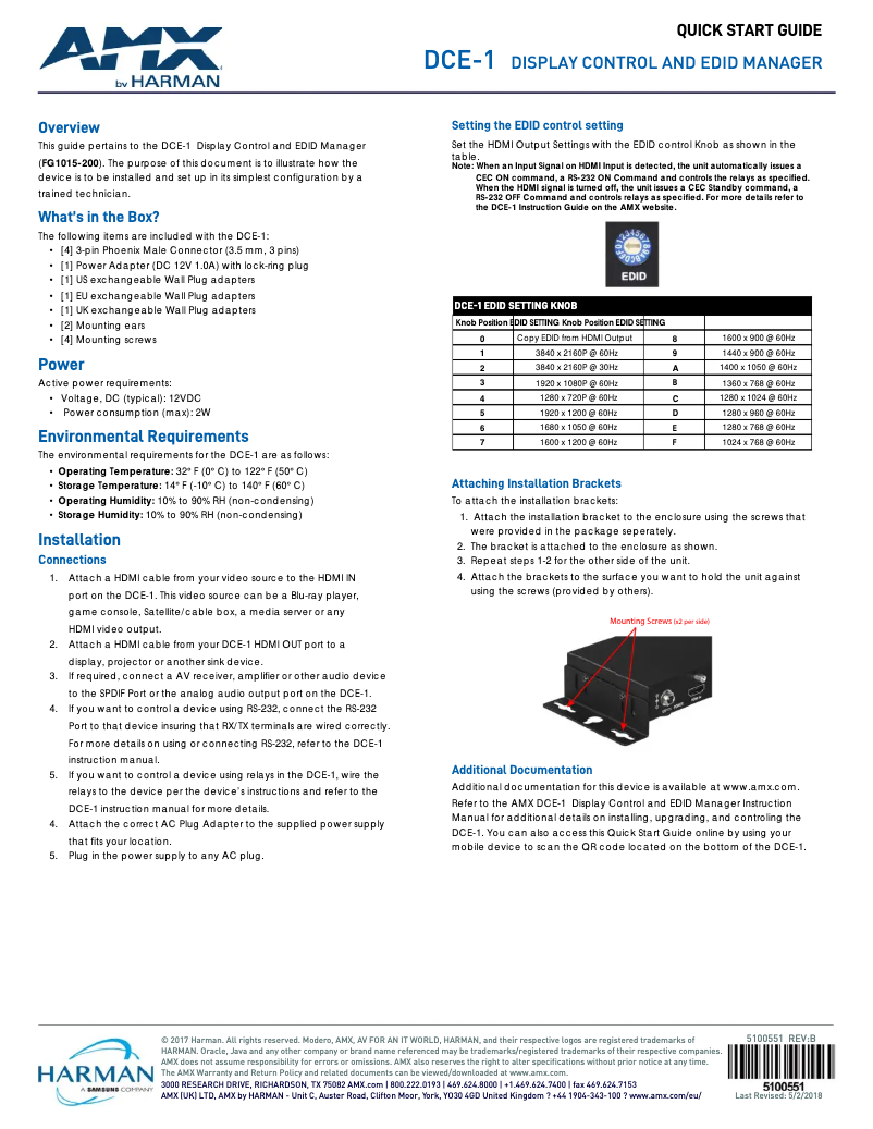 Page 1 de la notice Guide de démarrage rapide AMX DCE-1