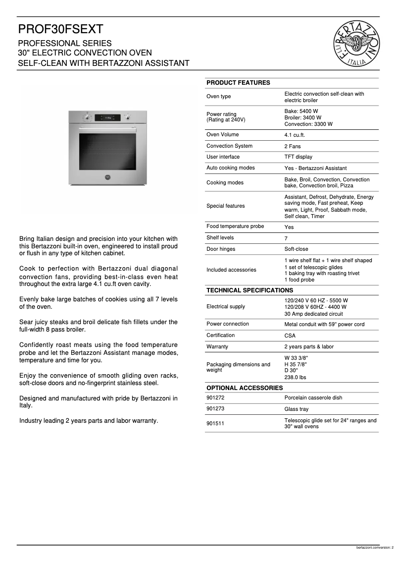 Page 1 de la notice Fiche technique Bertazzoni PROF30FSEXT