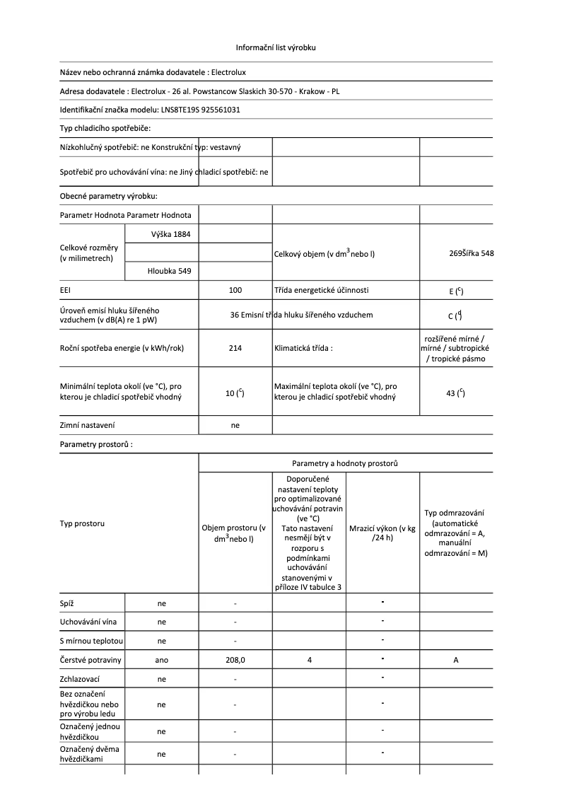 Page n°1 - Fiche technique Electrolux LNS8TE19S