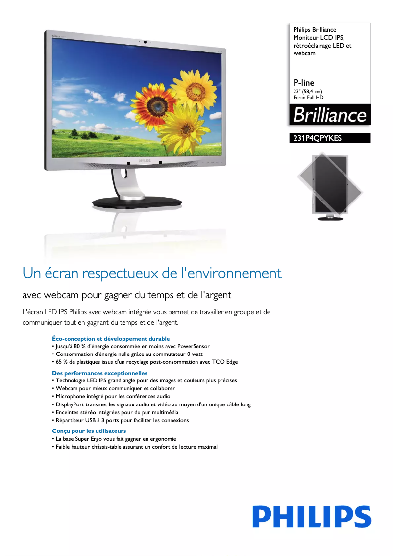 Page 1 de la notice Fiche technique Philips Brilliance 231P4QPYKES