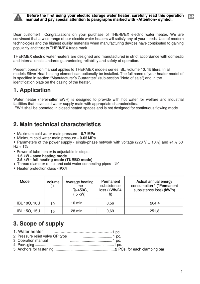 Page 1 de la notice Manuel utilisateur Cointra Thermex Blitz IBL