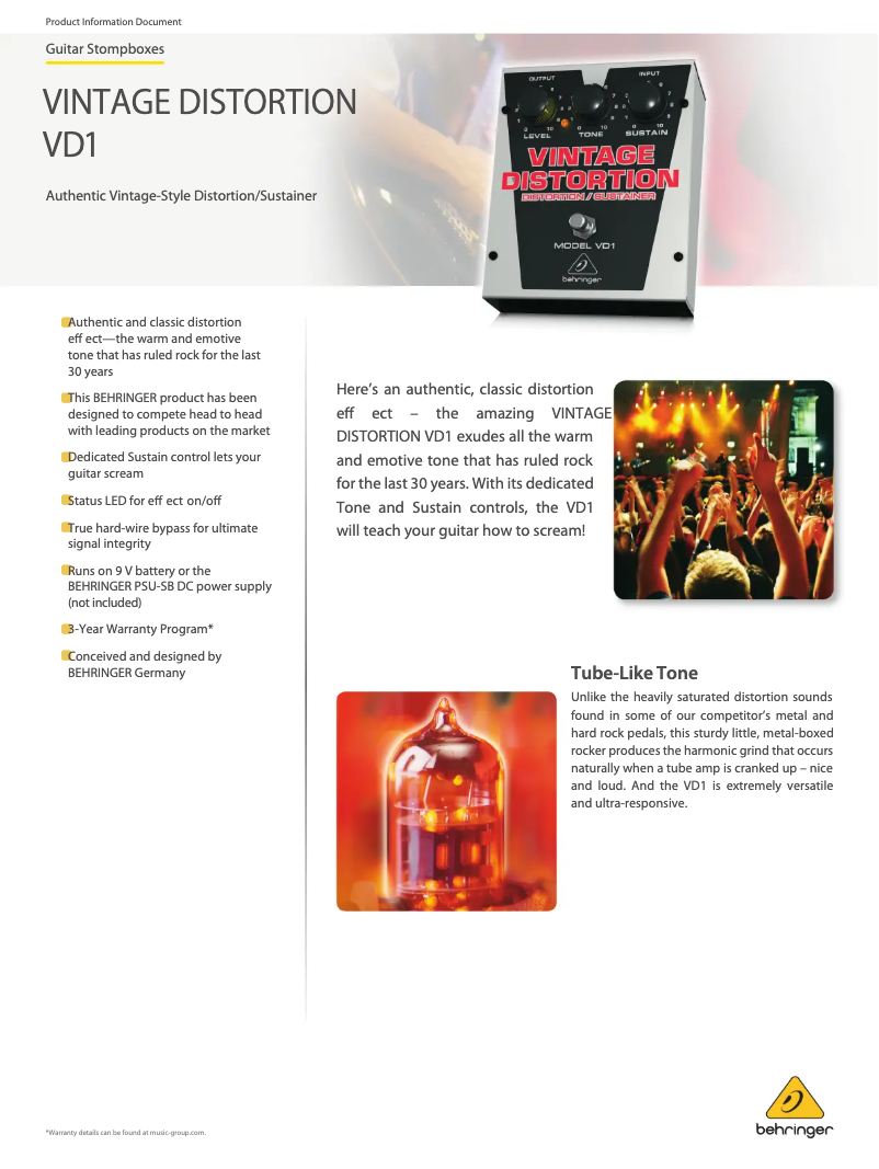 Page 1 de la notice Fiche technique Behringer Vintage Distortion VD1