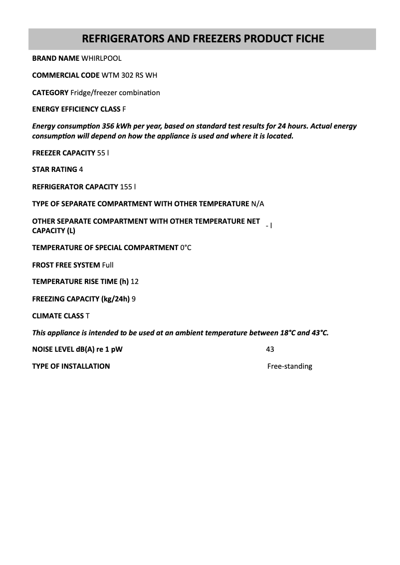 Página 1 del manual Ficha técnica Whirlpool WTM 302 RS WH