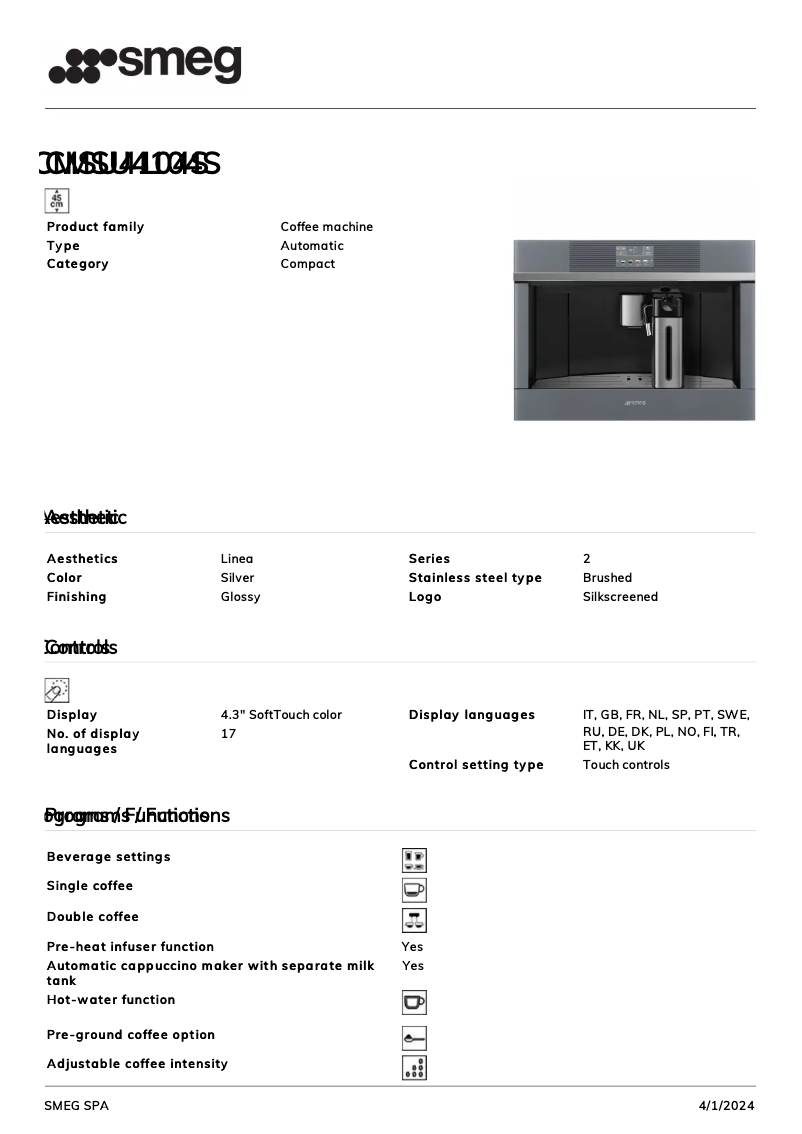 Page 1 de la notice Fiche technique Smeg CMSU4104S
