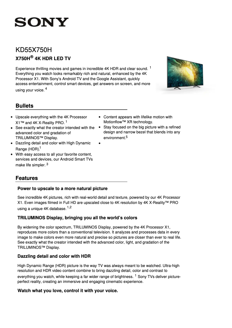 Page 1 de la notice Fiche technique Sony KD55X750H