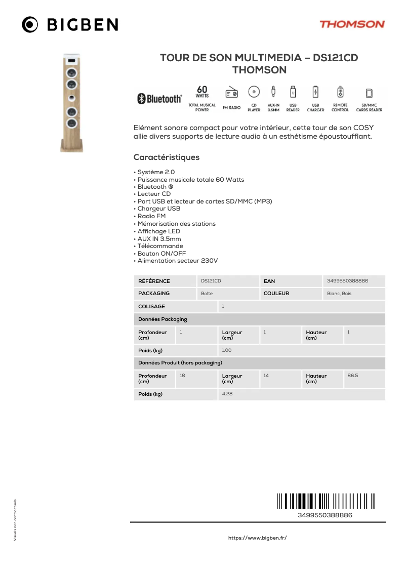Page 1 de la notice Fiche technique Thomson DS121CD