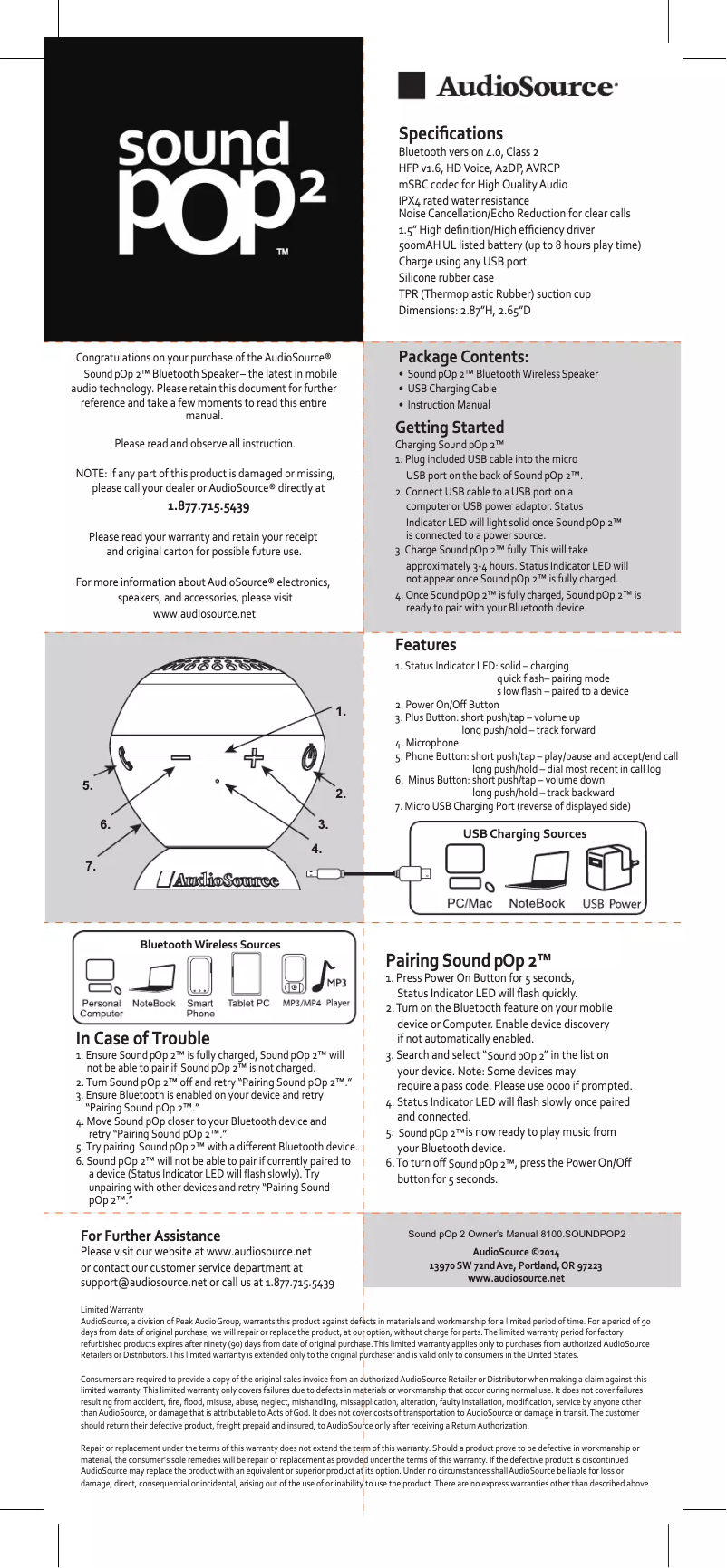 Page 1 de la notice Manuel utilisateur AudioSource Sound pOp 2