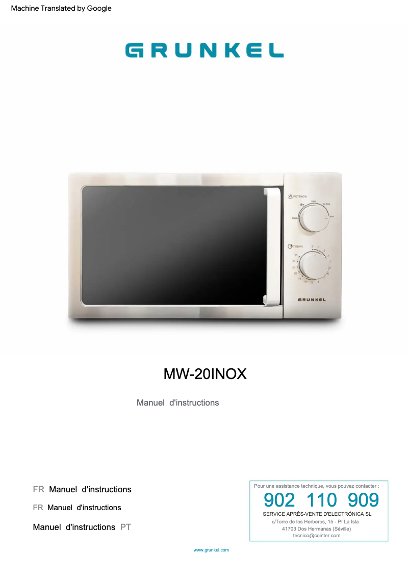 Page n°1 - Manuel utilisateur Grunkel MW-20INOX