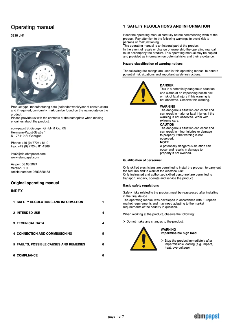 Page 1 de la notice Manuel utilisateur ebm-papst 3218 JH4