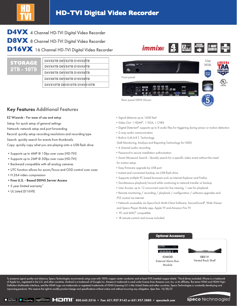 Page 1 de la notice Fiche technique Speco Technologies D8VX