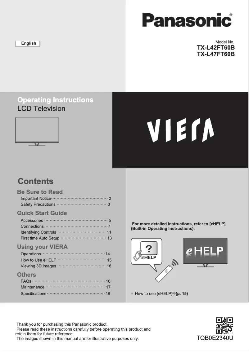 Page 1 de la notice Guide de démarrage rapide Panasonic TX-L42FT60B