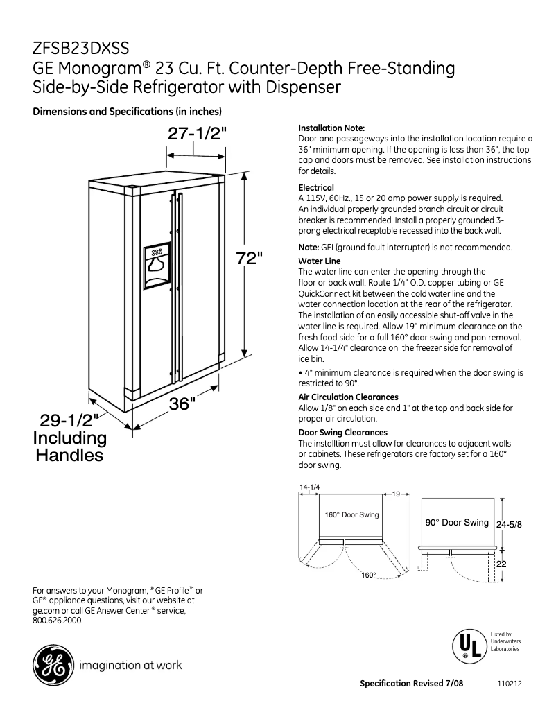 Página 1 del manual Ficha técnica GE ZFSB23DXSS