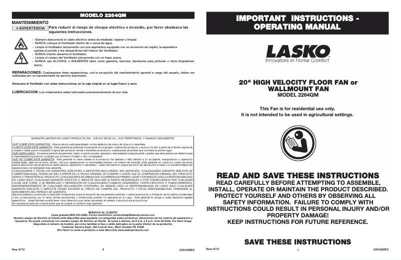 Page 1 de la notice Manuel utilisateur Lasko 2264QM
