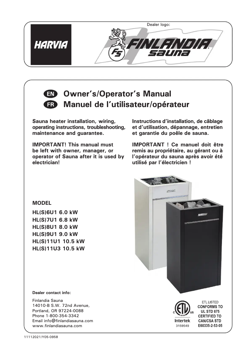 Page 1 de la notice Manuel utilisateur Harvia Virta HL11 HL11U1