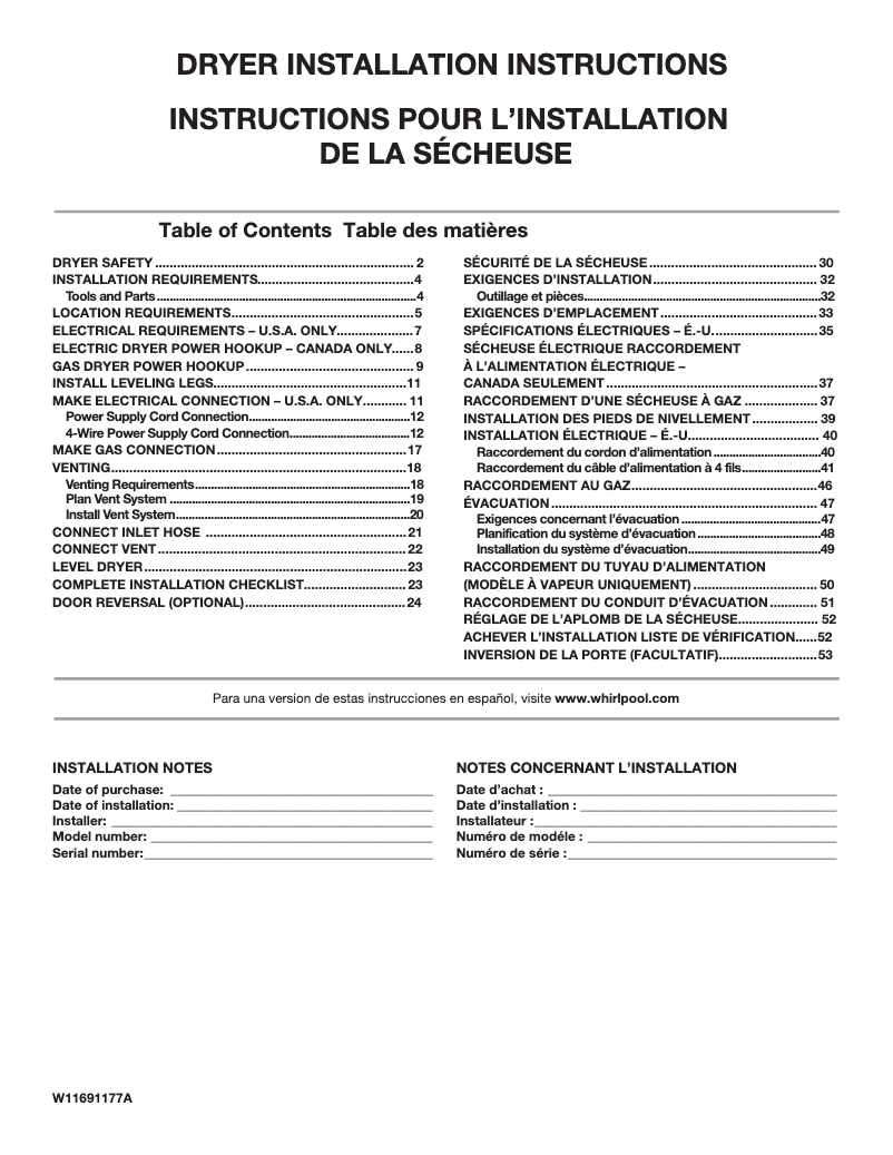 Page n°1 - Guide d'installation Amana NED5800HW