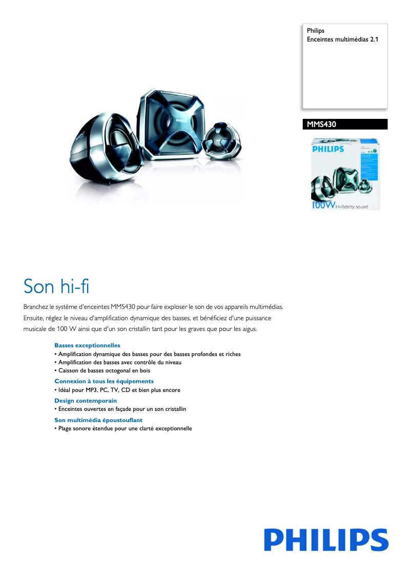 Page 1 de la notice Fiche technique Philips MMS430