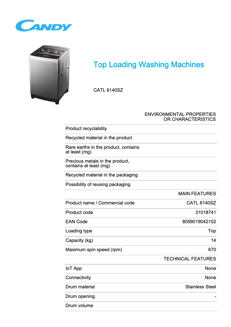Page 1 de la notice Fiche technique Candy CATL 6140SZ