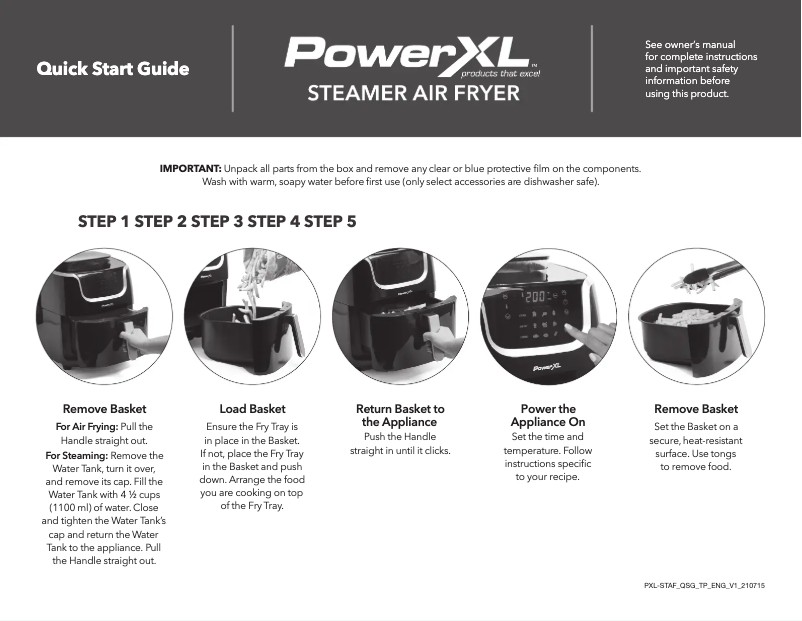 Page 1 de la notice Guide de démarrage rapide PowerXL Steamer Air Fryer ST-006