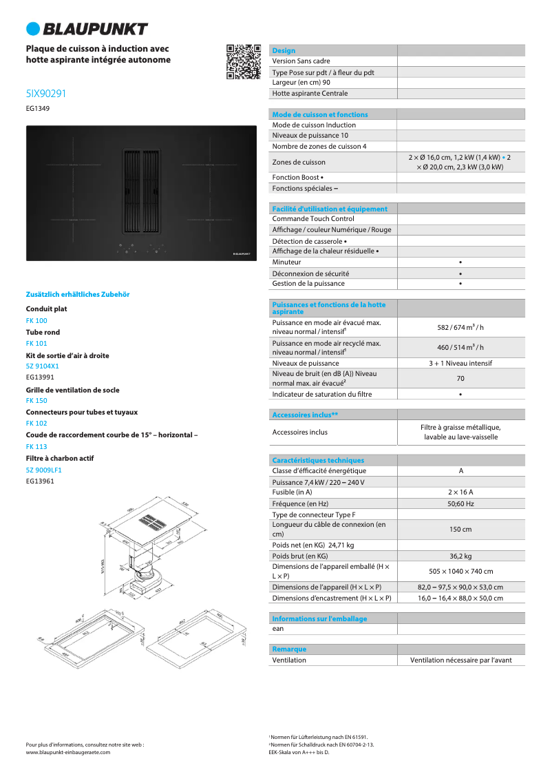 Page 1 de la notice Fiche technique Blaupunkt 5IX99291