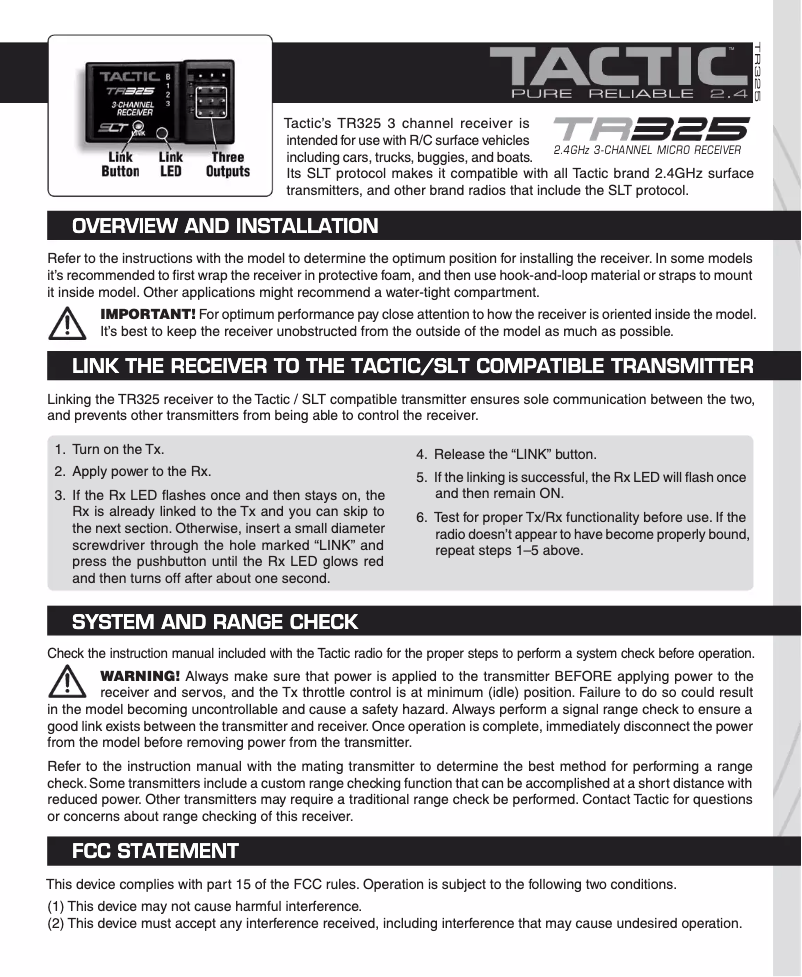 Page 1 de la notice Manuel utilisateur Tactic TR325