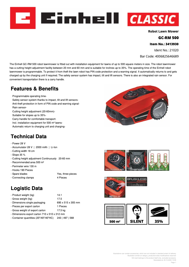 Page 1 de la notice Fiche technique Einhell GC-RM 500
