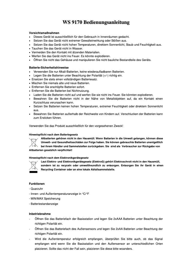 Page 1 de la notice Manuel utilisateur Techno Line WS 9170