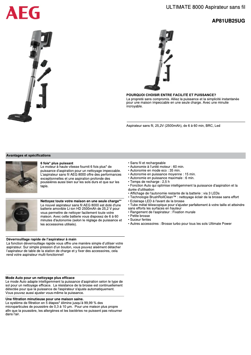 Page 1 de la notice Fiche technique AEG Ultimate 8000 AP81UB25UG