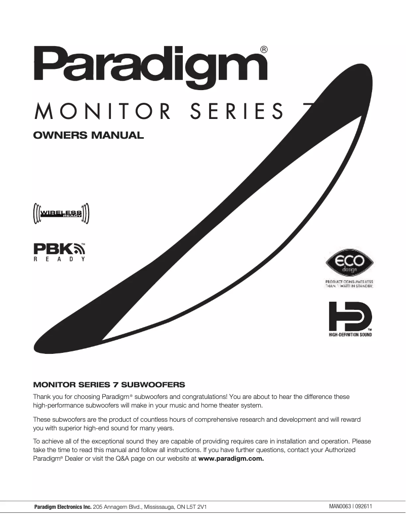 Página 1 del manual Manual de instrucciones Paradigm Monitor SUB 10