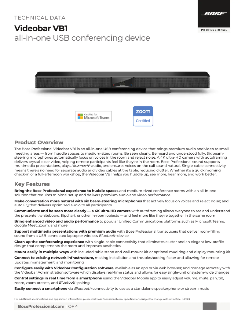 Página 1 del manual Ficha técnica Bose Videobar VB1