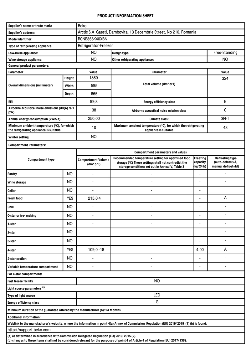 Page 1 de la notice Fiche technique Beko RCNE366K40XBN