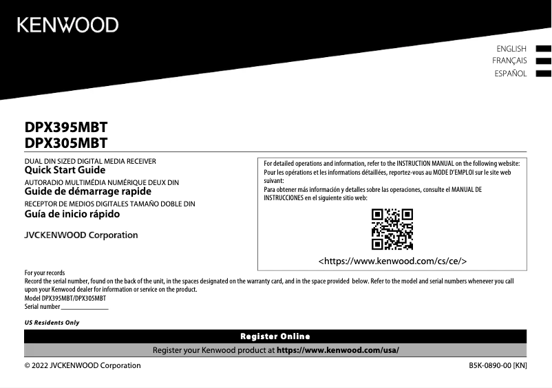 Page n°1 - Guide de démarrage rapide Kenwood DPX395MBT
