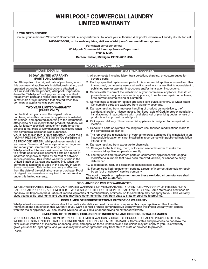 Page 1 de la notice Informations de garantie Whirlpool CAE2795FQ