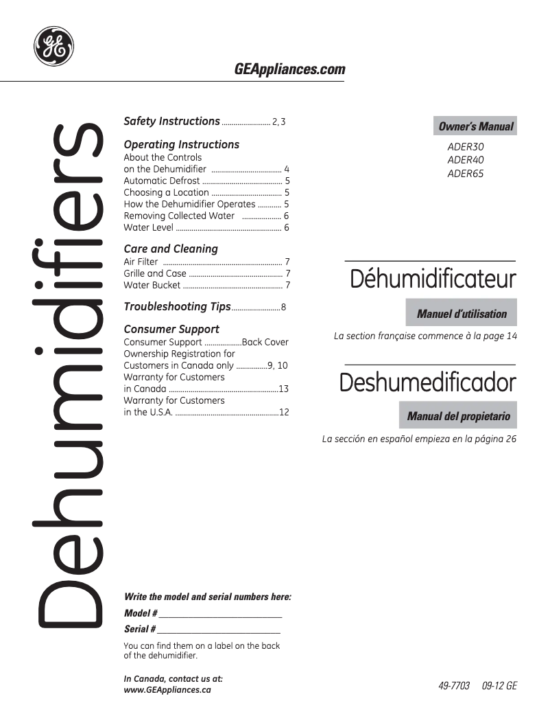Page 1 de la notice Manuel utilisateur GE ADER65LS