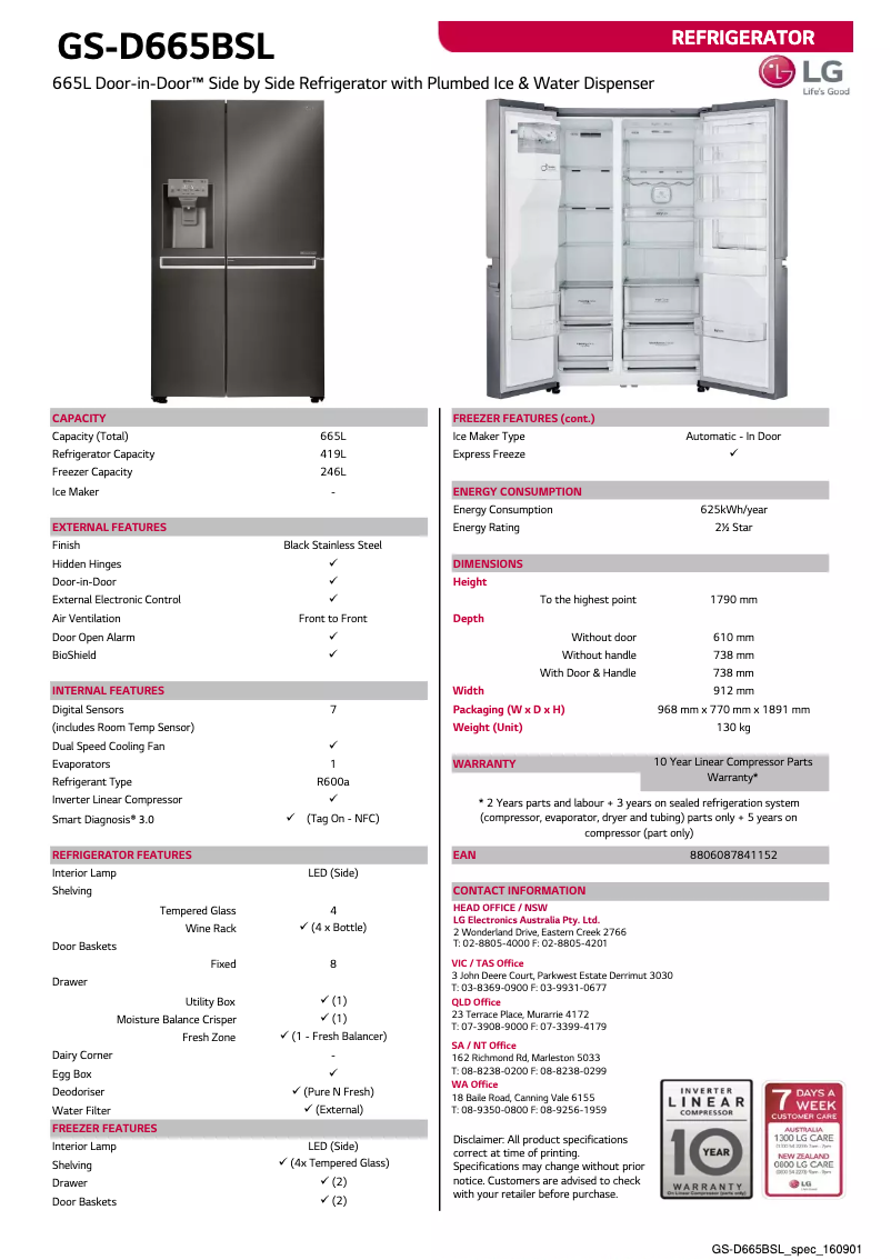 Page 1 de la notice Fiche technique LG GS-D665BSL