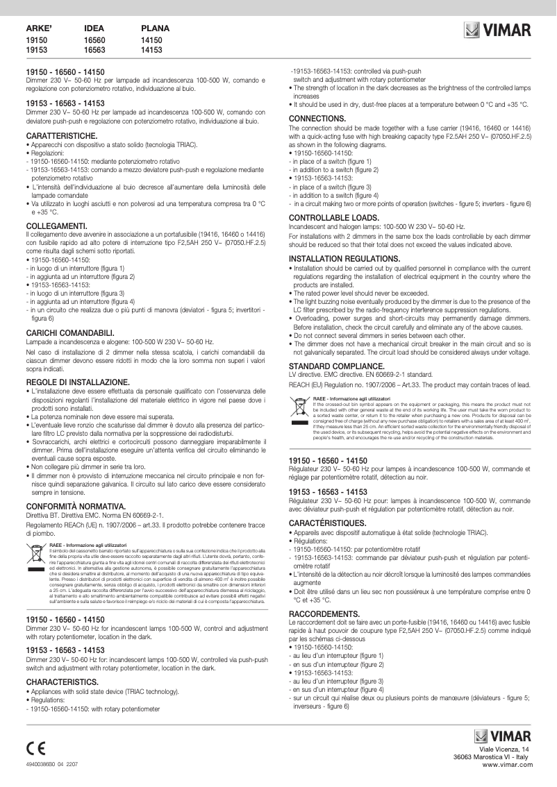 Page 1 de la notice Manuel utilisateur Vimar 14150.SL