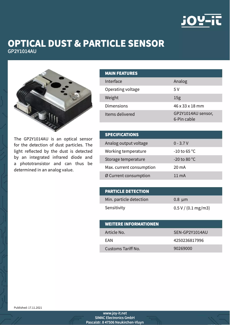 Image de la première page du manuel de l'appareil SEN-GP2Y1014AU
