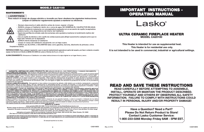 Page 1 de la notice Mode d'emploi Lasko CA20100