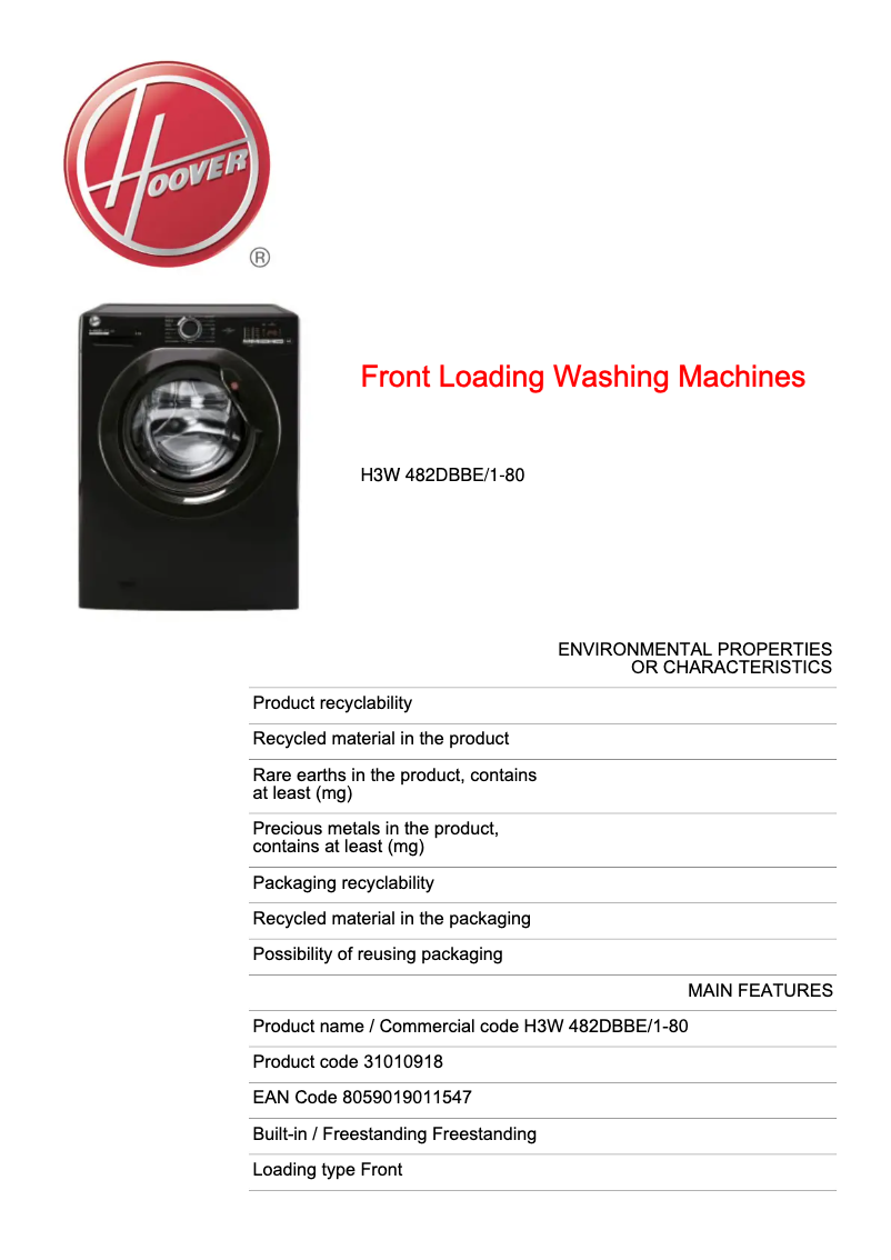 Page n°1 - Fiche technique Hoover H-WASH 300 LITE H3W 482DBBE/1-80