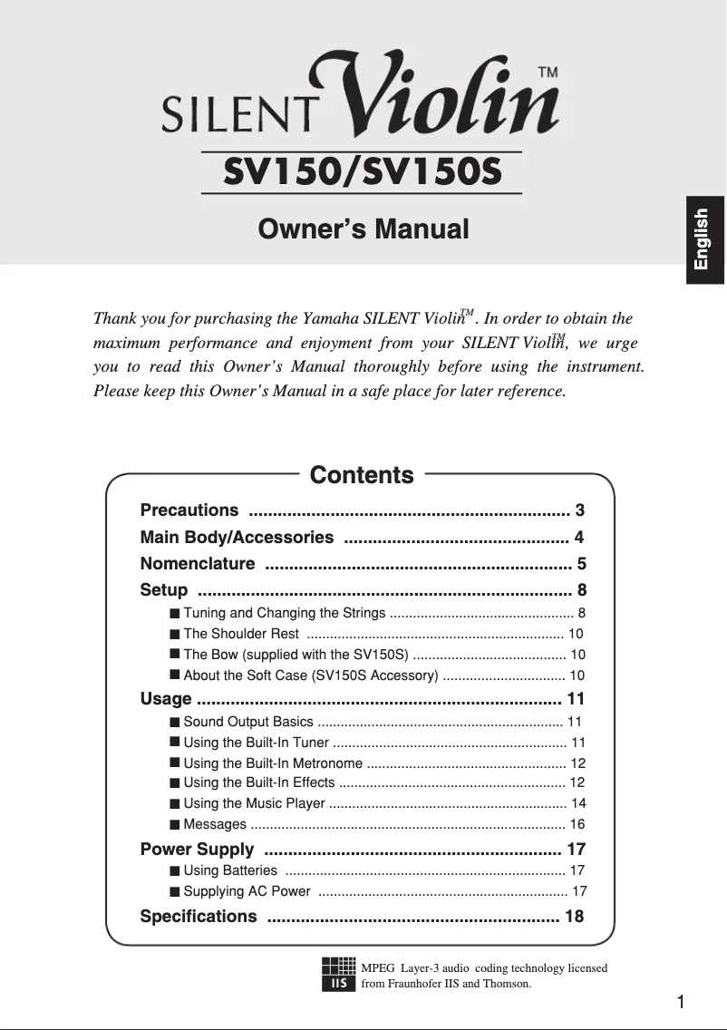 Image de la première page du manuel de l'appareil Silent Violin SV150S