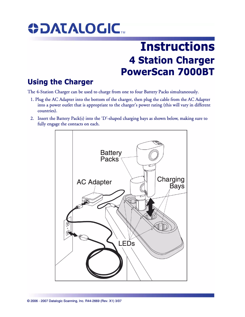 Page 1 de la notice Manuel utilisateur Datalogic 4 Station Charger PowerScan 7000BT