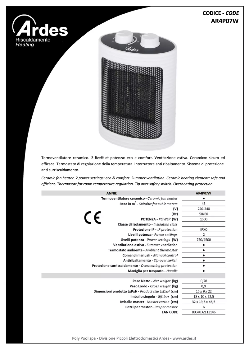 Page 1 de la notice Fiche technique Ardes AR4P07W
