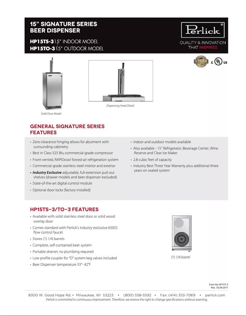 Página 1 del manual Ficha técnica Perlick Signature Series HP15TO-3-1R