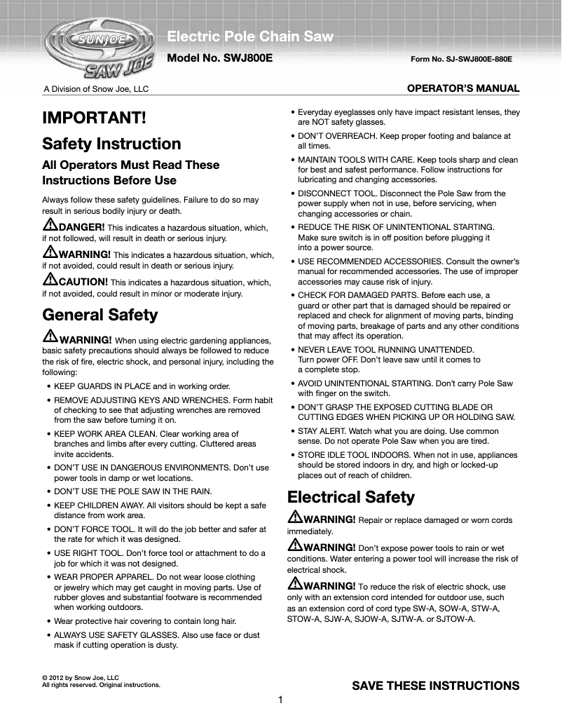 Image de la première page du manuel de l'appareil Saw Joe SWJ800E