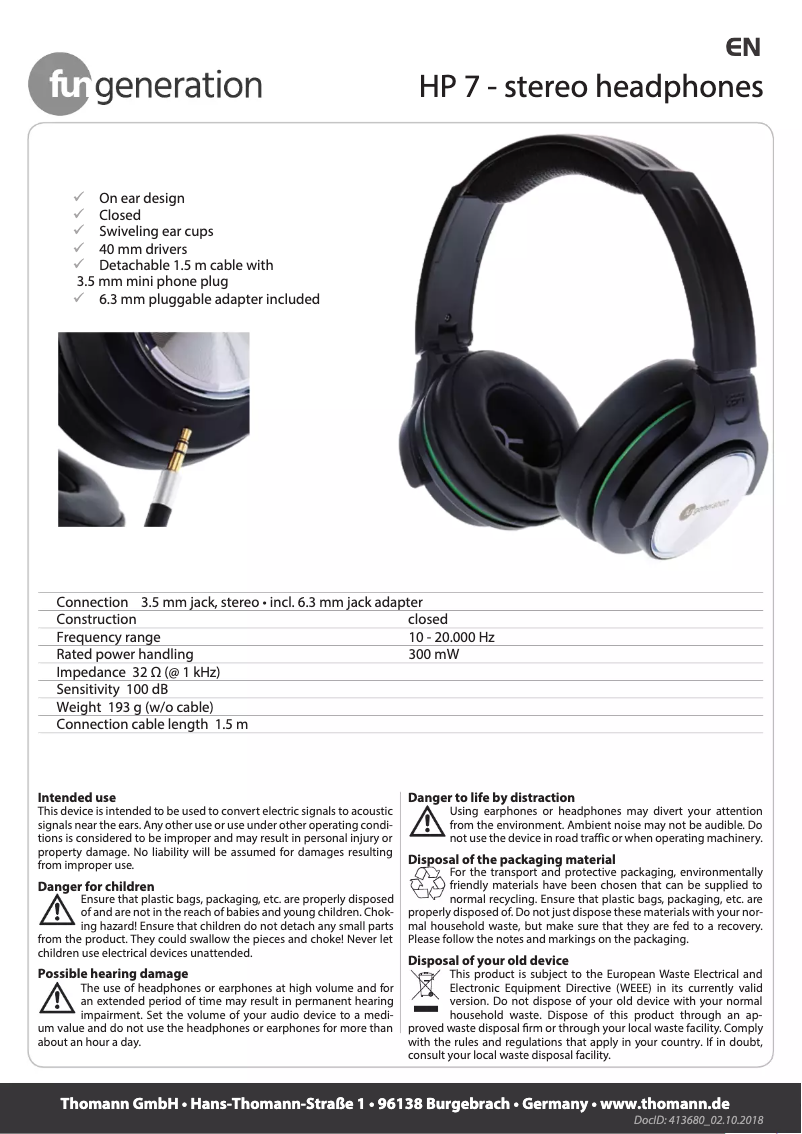 Page 1 de la notice Manuel utilisateur Fun Generation HP 7