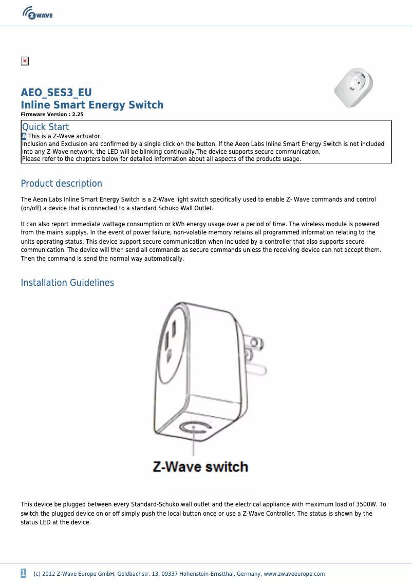 Page 1 de la notice Manuel utilisateur Aeon Labs Smart Energy Switch 3